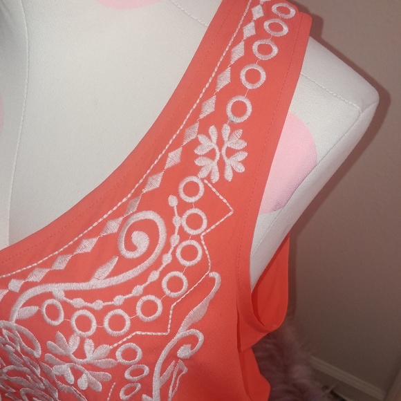 Xhilartion | summer neon vacation V neck zip back coral embroidered top XL - Picture 4 of 8